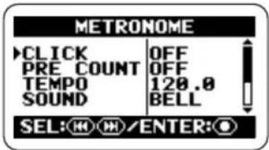 METRONOME CLICK OFF PRE COUNT OFF TEMPO 120.0 SOUND BELL SEL: /ENTER: