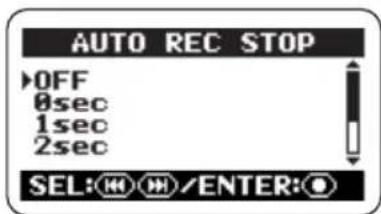 AUTO REC STOP OFF 0sec 1sec 2sec SEL: 🎯/ENTER: Ⓧ