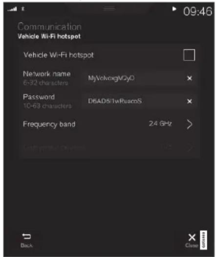 Communication Vehicle Wi-Fi hotspot Vehicle Wi-Fi hotspot Network name MyVolvoxgM2y0 6-32 characters Password D6AD5/IwRuscoS 10-63 characters Frequency band 24 GHz > Back Close