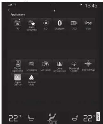 Applications FM Radio Favorites CD Bluetooth USD iPod iPod Sound Experience Messages Car status Driver performance Downloaded Control Internal Map Apple Cat-1ay Android Auto 22°C AUTO 22°C