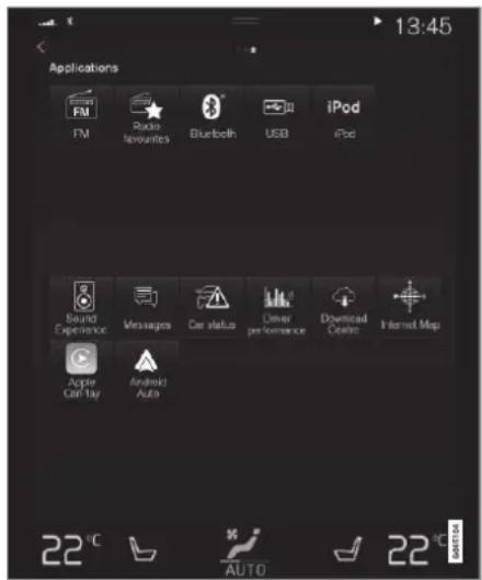 Applications FM Radio favours Bluetooth USB iPod Sound Experience Messages Car status Driver performance Downloaded Centre Internet Map Apple Call-1ay Android Auto 22 °C AUTO 22 °C