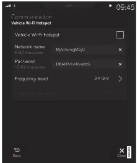 Communication Vehicle Wi-Fi hotspot Vehicle Wi-Fi hotspot Network name MyVolvoxgM2y0 6-32 characters Password D6AD8/1wRuscoS 10-63 characters Frequency band 24 GHz > Back Close