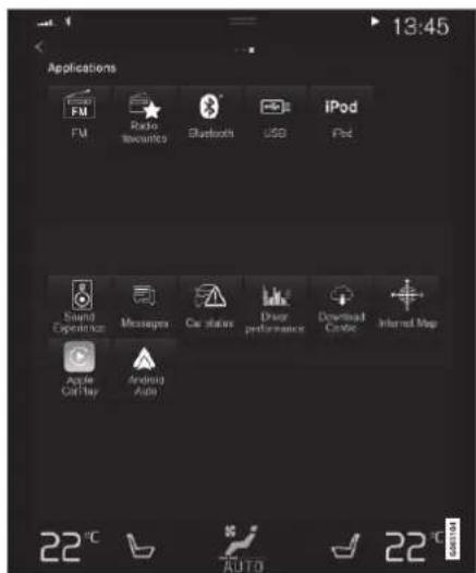Applications FM Radio tourotrico Bluetooth USB iPod 13:45 Sound Experience Messages Car status Door performance Download Code Internal Map Apple Car tray Android Auto 22 °C AUTO 22 °C
