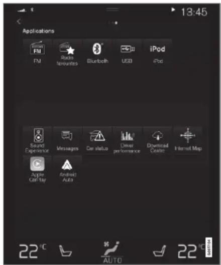 Applications FM Radio favours Bluetooth USB iPod Sound Experience Messages Car status Driver performance Downloaded Center Internet Map Apple Call-1ay Android Auto 22 °C AUTO 22 °C