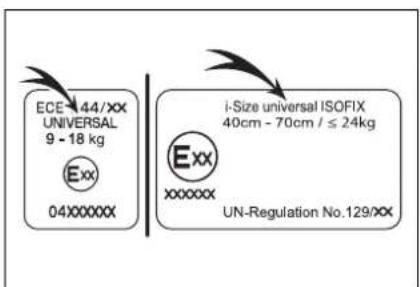 ECE 44/XX UNIVERSAL 9 - 18 kg Exx 04XXXXXX i-Size universal ISOFIX 40cm - 70cm / ≤ 24kg Exx xxxxxx UN-Regulation No.129/XX