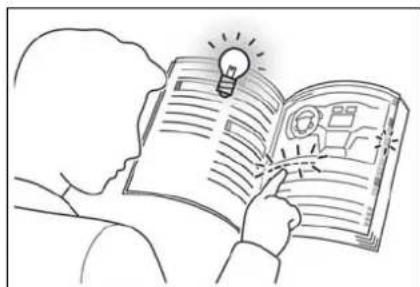 Line drawing of a person reading an open book with a lightbulb above, no text or symbols present