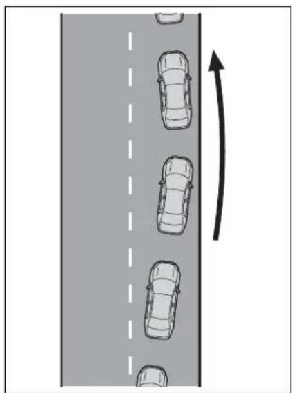 Diagram showing a road with multiple cars and an upward arrow indicating direction (no text or symbols)