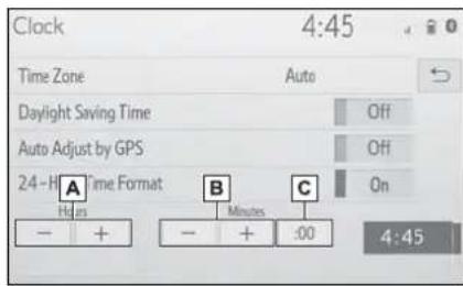 Clock 4:45 Time Zone Auto Daylight Saving Time Off Auto Adjust by GPS Off 24-H A Time Format B Minutes C On H + - + .00 4:45