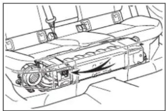 Technical line drawing of a vehicle interior showing engine and dashboard components (no text or symbols)
