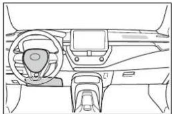 Line drawing of a car interior showing steering wheel, dashboard, and steering wheel (no text or symbols)