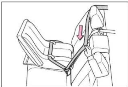 Line drawing of a car seatbelt buckle assembly with a red arrow indicating the seatbelt (no text or symbols present)