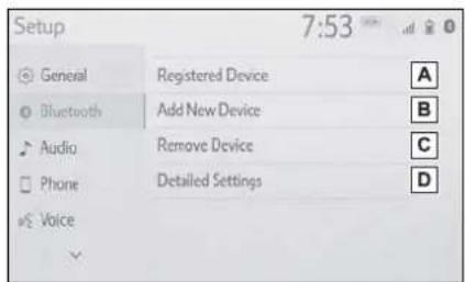 Setup 7:53 General Registered Device A Bluetooth Add New Device B Audio Remove Device C Phone Detailed Settings D Voice