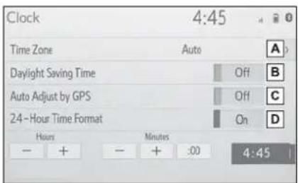Clock 4:45 Time Zone Auto Daylight Saving Time Off Auto Adjust by GPS Off 24-Hour Time Format On Hours Minutes - + - + .00 4:45