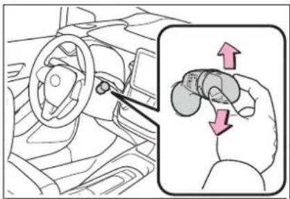Interior view of a car showing steering wheel and hand gesture with directional arrows (no text or symbols)
