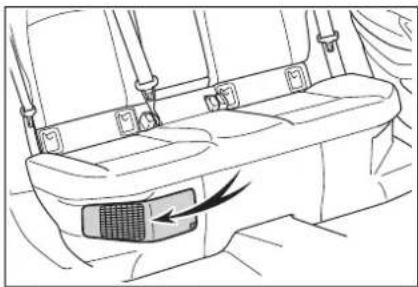 Line drawing of a car interior showing seatbelt and exhaust air vent (no text or symbols)