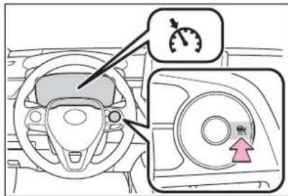 Diagram showing car dashboard and steering wheel with speedometer and directional arrow indicating rotation or movement