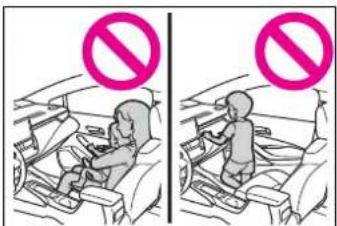 Illustration showing two scenarios of a child in car seatbelt, with one marked by a no-smoking symbol.