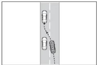 Diagram showing three cars on a road with a dashed line indicating a trail or path (no text or symbols)