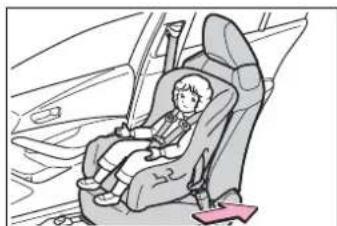 Illustration of a child seated in a car seat, wearing a seatbelt, with no visible text or symbols.