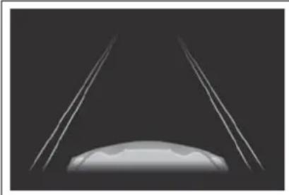 Abstract grayscale image of a curved object with two diagonal lines extending outward against a dark background (no text or symbols)
