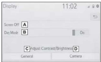 Display 11:02 Screen Off A Day Mode B On C Adjust Contrast/Brightness D General Camera