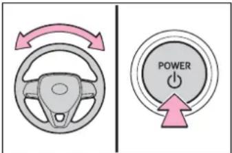 Diagram showing steering wheel and power button with directional arrows indicating rotation and power direction