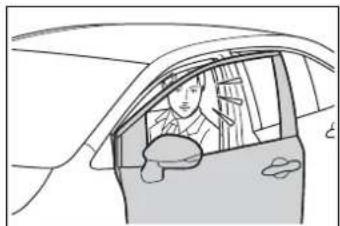 Line drawing of a person inside a car, viewed from the side (no text or symbols)