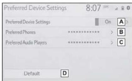 Preferred Device Settings 8:07 Preferred Device Settings On A Preferred Phones > B Preferred Audio Players > C Default D