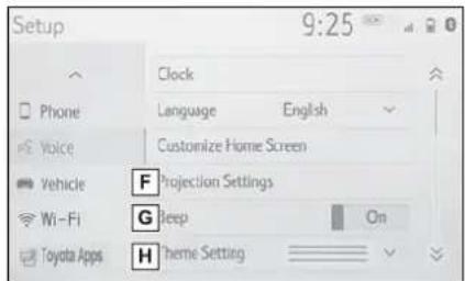 Setup 9:25 Clock Phone Language English Voice Customize Home Screen Vehicle F Projection Settings Wi-Fi G Beep On Toyota Apps H Theme Setting