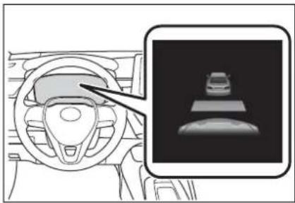 Interior view of a car dashboard with a close-up inset showing a vehicle on a road (no text or symbols)