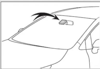 Line drawing of a car's frontview with a small car on the windshield and an arrow indicating direction (no text or symbols)