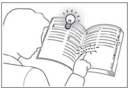 Illustration of a person reading an open book with a lightbulb above, symbolizing knowledge or ideas (no text or symbols present)