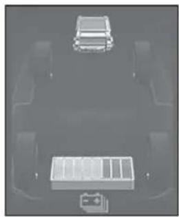 Top-down view of a vehicle chassis with two wheels and battery pack (no text or symbols visible)