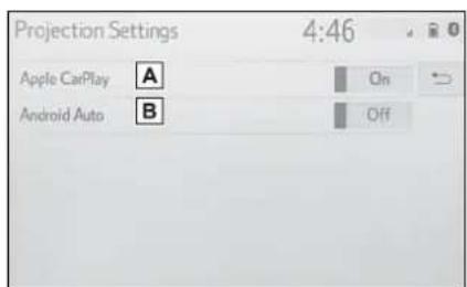 Projection Settings 4:46 Apple CarPlay A On Android Auto B Off