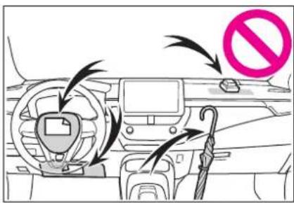 Diagram showing car interior with directional arrows and a no-smoking symbol, indicating traffic or safety restrictions.