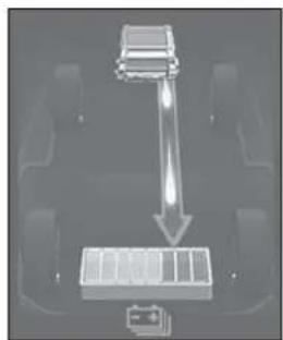 Diagram showing a vehicle battery connected to a roof-mounted sensor or sensor unit, with no visible text or symbols.