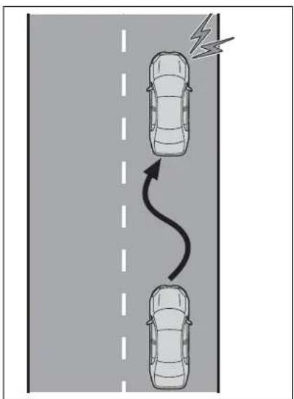 Diagram showing two cars driving on a road with a lightning bolt symbol indicating speed (no text or labels)