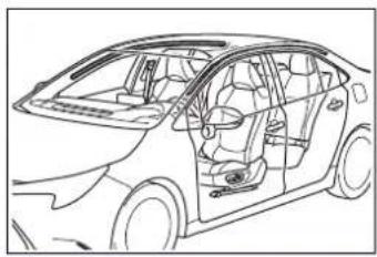 Line drawing of a car interior showing the driver and passenger seat (no text or symbols)