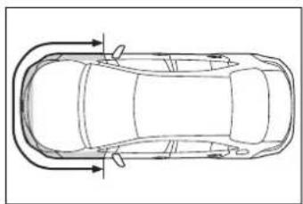 Top-down line drawing of a car with curved roof and side-mounted sensors (no text or symbols)