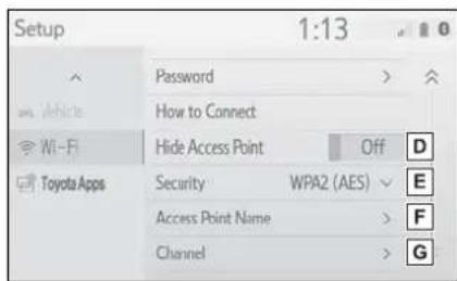 Setup Password How to Connect Hihe Access Point Off D Security WPA2 (AES) E Access Point Name F Channel G