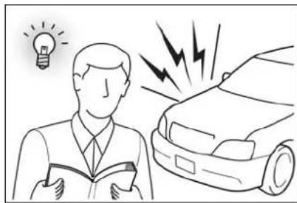 Illustration of a person reading a book with a lightbulb symbol above, next to an electric car with lightning bolts (no text or symbols present)