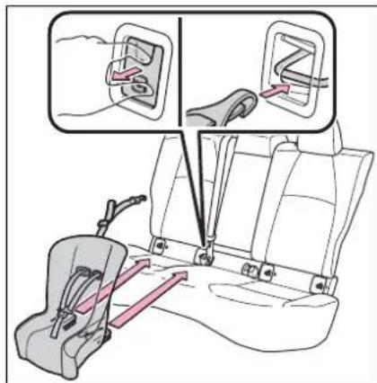 Diagram illustrating car seatbelt buckle assembly with labeled parts and directional arrows indicating movement or positioning.