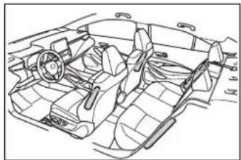 Line drawing of a car interior showing steering wheel, dashboard, and seats (no text or symbols)