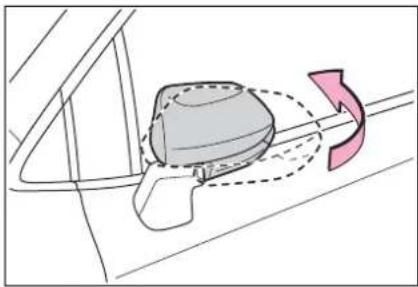Diagram of a car interior showing a handle and wheel with motion arrows indicating rotation (no text or symbols)