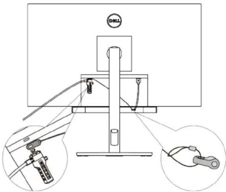 Technical diagram showing a device with labeled components and connection details, including a close-up of the cable being inserted.