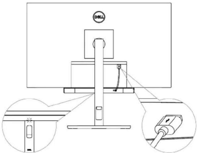 Technical diagram showing a computer monitor with an attached device and its close-up views of the screen, including a magnified inset detail.
