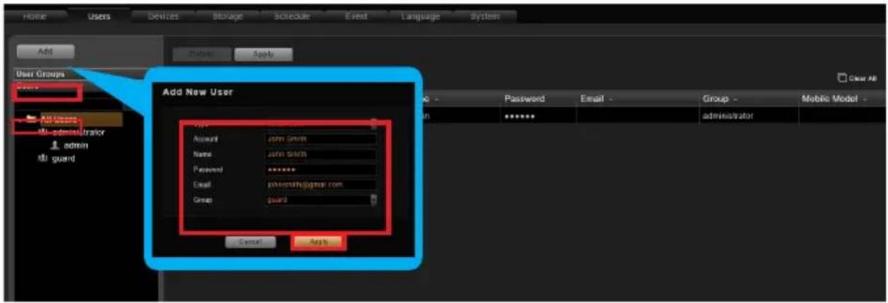 Add User Groups Add New User Account John Snuts Name John Snuts Password ******** Email phosentih@gmail.com Group guard Email Apply Password Email Group Mobile Model ******** administrator