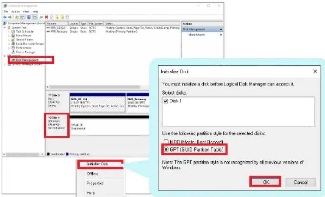 Company Management File Actions View Help Compute Management (Local) System Tools Task Scheduler SaaS Viewer Translation Local Devices and Groups Preferences Direct Manager Disk Management Service and Application MVR_OS/CC0 Multi-System Multi-System Multi-System Multi-System Multi-System Multi-System Multi-System Multi-System Multi-System Multi-System Multi-System Multi-System Multi-System Multi-System Multi-System Multi-System Multi-System Multi-System Multi-System Multi-System Multi-System Multi-System Multi-System Multi-System Multi-System Multi-Systems Multi-Systems Multi-Systems Multi-Systems Multi-Systems Multi-Systems Multi-Systems Multi-Systems Multi-Systems Multi-Systems Multi-Systems Multi-Systems Multi-Systems Multi-Systems Multi-Systems Multi-Systems Multi-Systems Multi-Systems Multi-Systems Multi-Systems Multi-Systems Multi-Systems Multi-Systems Multi-Systems Multi-Systems Multi-System Multi-Systems Multi-Systems Multi-Systems Multi-Systems Multi-Systems Multi-Systems Multi-Systems Multi-Systems Multi-Systems Multi-Systems Multi-Systems Multi-Systems Multi-Systems Multi-Systems Multi-Systems Multi-Systems Multi-Systems Multi-Systems Multi-Systems Multi-Systems Multi-Systems Multi-Systems Multi-Systems Multi-Platforms Multi-Platforms Multi-Platforms Multi-Platforms Multi-Platforms Multi-Platforms Multi-Platforms Multi-Platforms Multi-Platforms Multi-Platforms Multi-Platforms Multi-Platforms Multi-Platforms Multi-Platforms Multi-Platforms Multi-Platforms Multi-Platforms Multi-Platforms Multi-Platforms Multi-Platforms Multi-Platforms Multi-Platforms Multi-Platforms Multi-Platforms Multi-Platforms Multi- Platforms 10000000000000000000000000000000000000000000000000000000000000000000000000000000000000000000000000000. Disk 1 Unboxed 135.86.68 955.66.68 Unboxed Unboxed Primary partition Initimize Disk You must inelize a disk before Logical Disk Manager can access it. Select disks: Disk 1 Use the following partition style for the selected disks: MBEL(Mostes Boat Record) GPT (GUID Partition Table) Note: The GPT partition style is not recognized by all previous versions of Windows: OK Cancel
