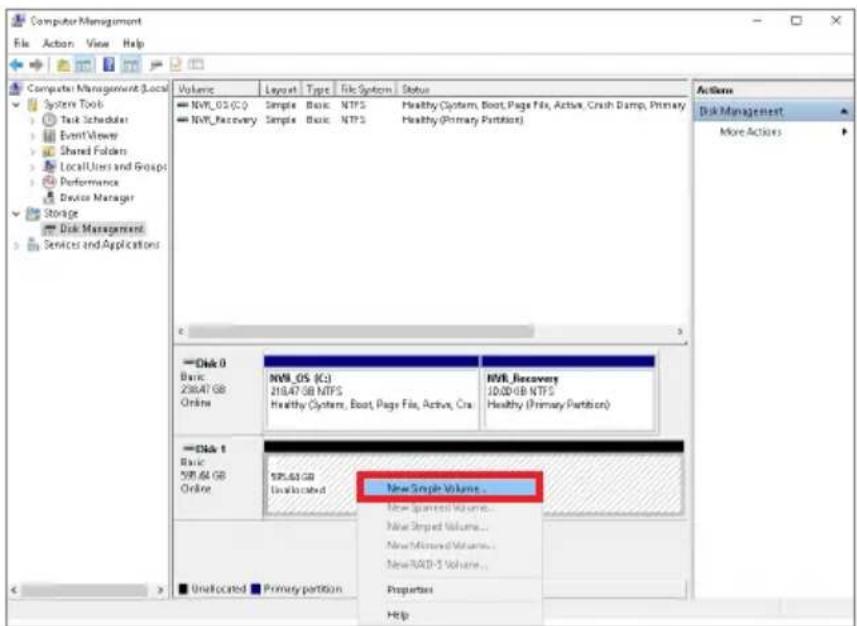 Computer Management File Action View Help Volume Layout Type Rlc System Status NVR_03 (C:) Sample Basic NTPS Healthy System, Boot, Page Fix, Active, Crash Damp, Primary NVR_Recovery Sample Basic NTPS Healthy (Primary Partition) Disk 0 Basic 23647 GB Online NVR_DS (C:) 21847 GB NTPS Healthy System, Boot, Page Fix, Active, Cra NVR_Recovery 100D/GB NTPS Healthy (Primary Partition) Disk 1 Basic 591.63 GB Online 591.63 GB Unallocated New Simple Volume... New Spanned Volume... New Striped Volume... New Microned Volume... New RAD-5 Volume... Properties Unallocated Primary partition Actions Disk Management More Actions