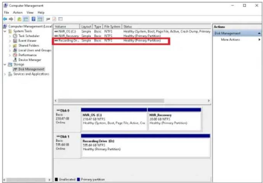 Computer Management File Action View Help Volume Layout Type File System Status NVR_OS (C:) Simple Basic NTFS Healthy (System, Boot, Page File, Active, Crash Dump, Primary NVR_Recovery Simple Basic NTFS Healthy (Primary Partition) Recording On... Simple Basic NTFS Healthy (Primary Partition) Disk 0 Basic 238.47 GB Online NVR_OS (C:) 238.47 GB NTFS Healthy (System, Boot, Page File, Active, Crs. NVR_Recovery 20.00 GB NTFS Healthy (Primary Partition) Disk 1 Basic 599.64 GB Online Recording Drive (D:) $99.64 GB NTFS Healthy (Primary Partition) Unallocated Primary partition Actions Disk Management Mass Actions